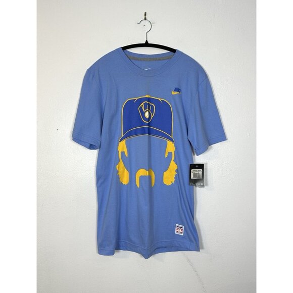 NWT Nike‎ Robin Yount Brewers Hair Itage T Shirt MLB Cooperstown Heritage S Blue - Picture 1 of 10